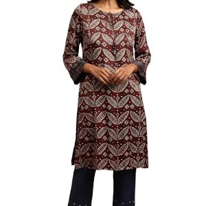 W for Woman Women's Viscose Regular Fit Brick Ajrakh Kurta in Lustrous Satin