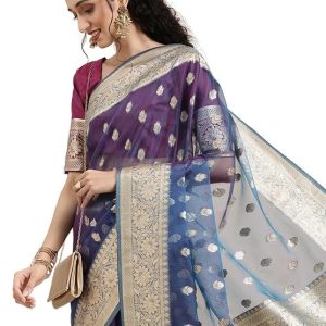 AKHILAM Women's Organza Woven Design Saree With Unstitched Blouse Piece