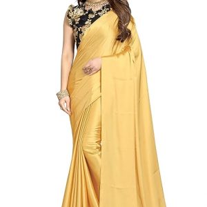 Women Soft Satin Silk Plain Saree With Art Silk Digital Printed Unstiched Blouse Piece.(Heavy Japan Satin Silk Saree of 5.5m saree length + 0.8m blouse piece)