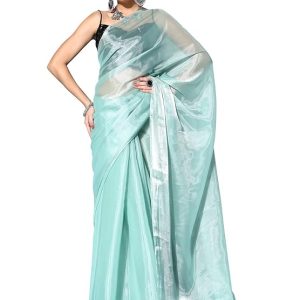 AKHILAM Women's Solid Organza Girls Saree With Unstitched Blouse Piece