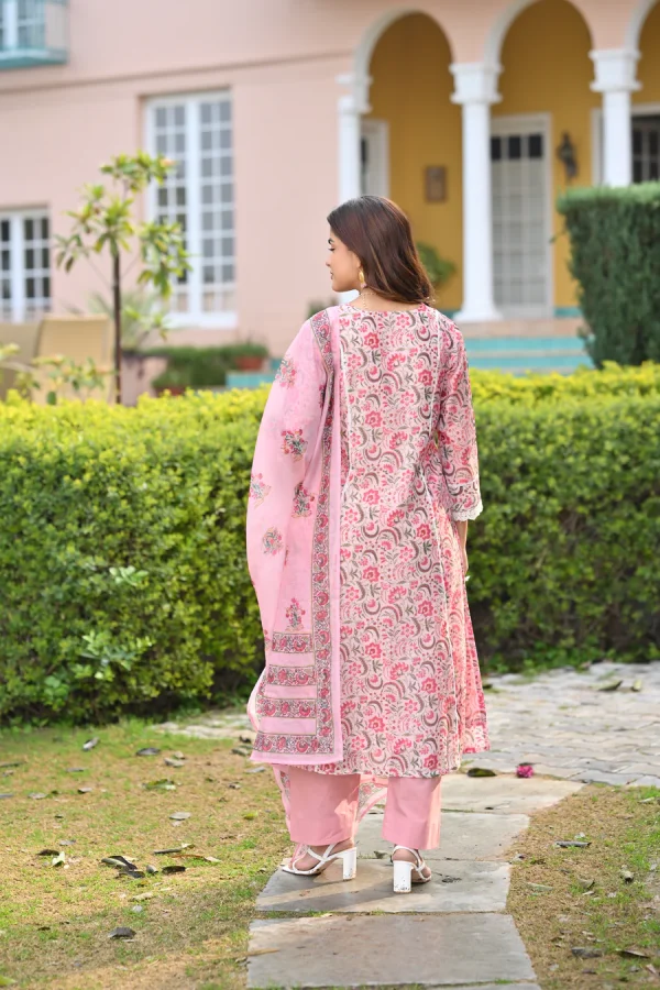 Pearl White and Pink Block Print Chanderi A line Suit Set with Lace on the Neck - Image 2