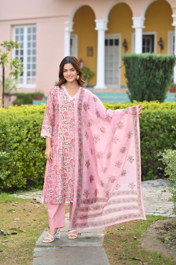 Pearl White and Pink Block Print Chanderi A line Suit Set with Lace on the Neck - Image 3