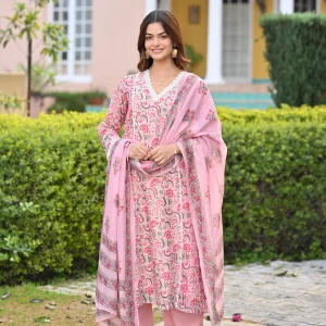 Pearl White and Pink Block Print Chanderi A line Suit Set with Lace on the Neck