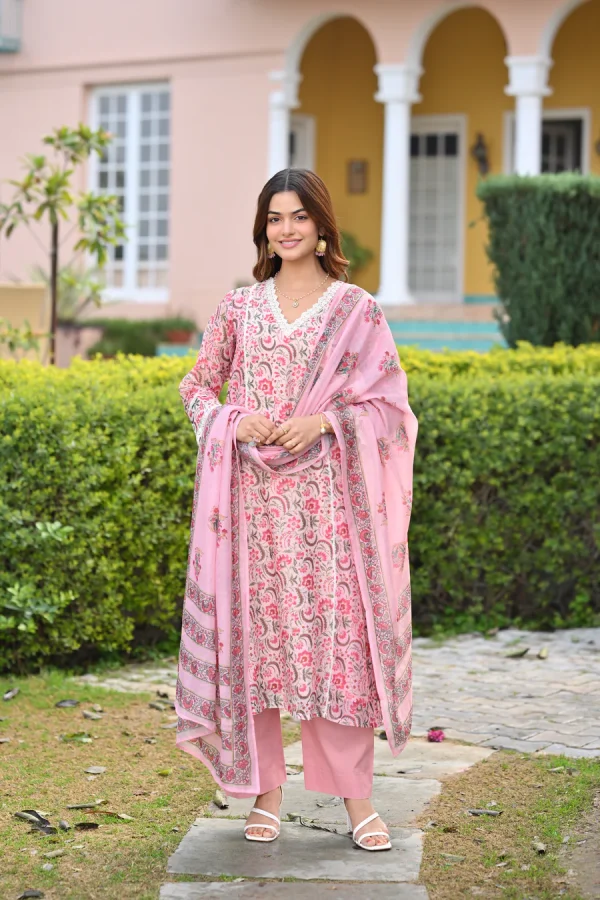 Pearl White and Pink Block Print Chanderi A line Suit Set with Lace on the Neck