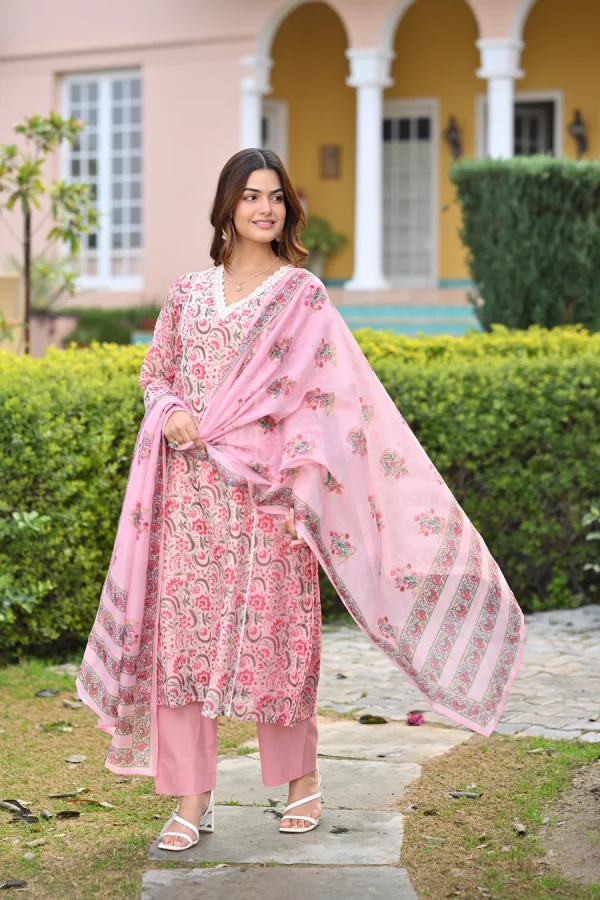 Pearl White and Pink Block Print Chanderi A line Suit Set with Lace on the Neck - Image 4