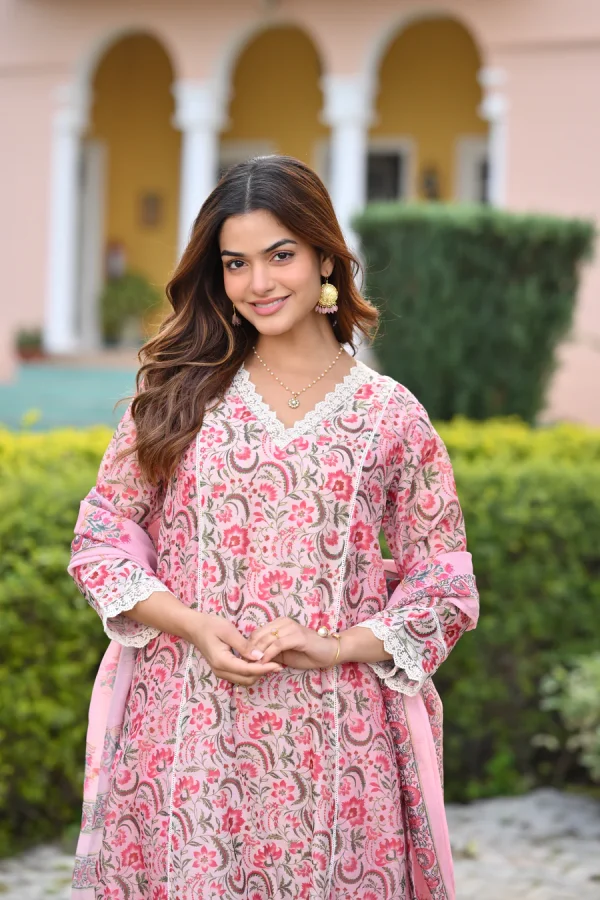 Pearl White and Pink Block Print Chanderi A line Suit Set with Lace on the Neck - Image 5