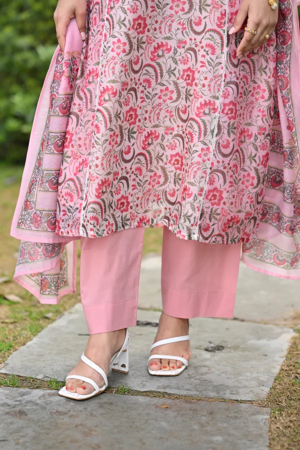 Pearl White and Pink Block Print Chanderi A line Suit Set with Lace on the Neck - Image 6