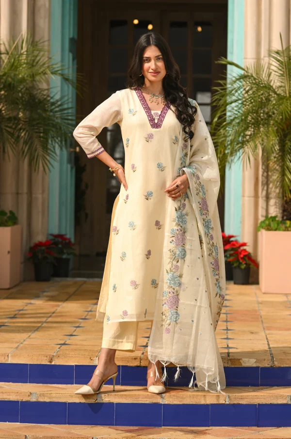 Cream Spring Kota Doriya Thread Work Embroidery Suit Set with Lace - Image 3