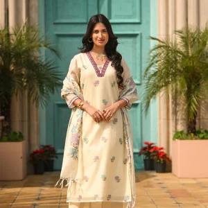 Cream Spring Kota Doriya Thread Work Embroidery Suit Set with Lace