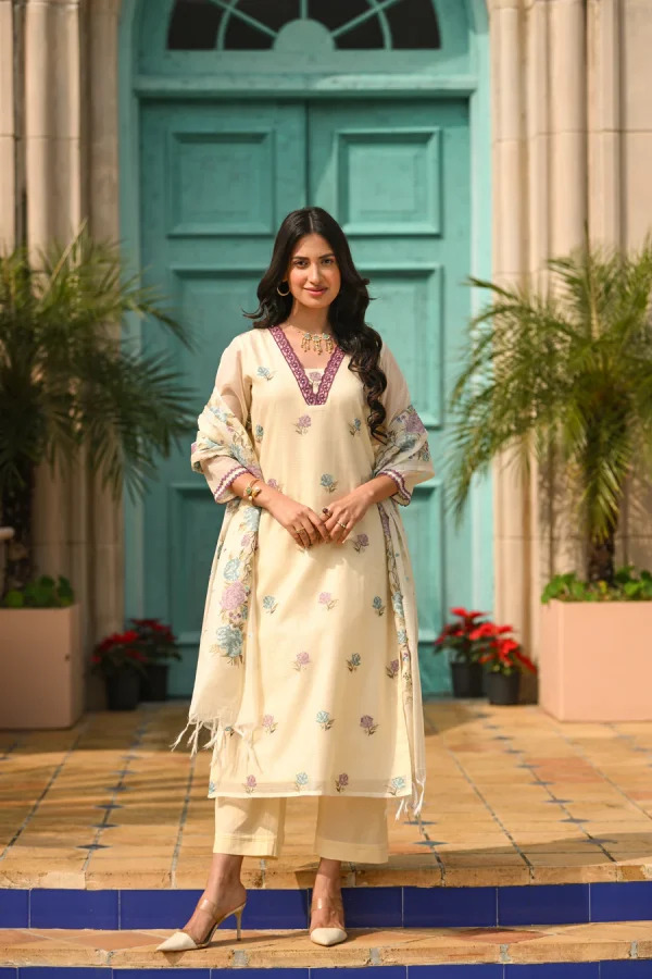 Cream Spring Kota Doriya Thread Work Embroidery Suit Set with Lace