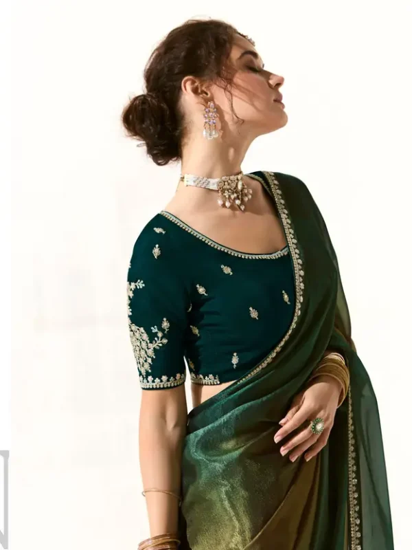 Embroidered Bollywood Organza Saree  (Dark Green) - Image 5