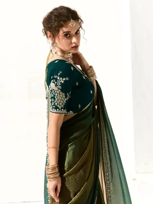 Embroidered Bollywood Organza Saree  (Dark Green) - Image 4