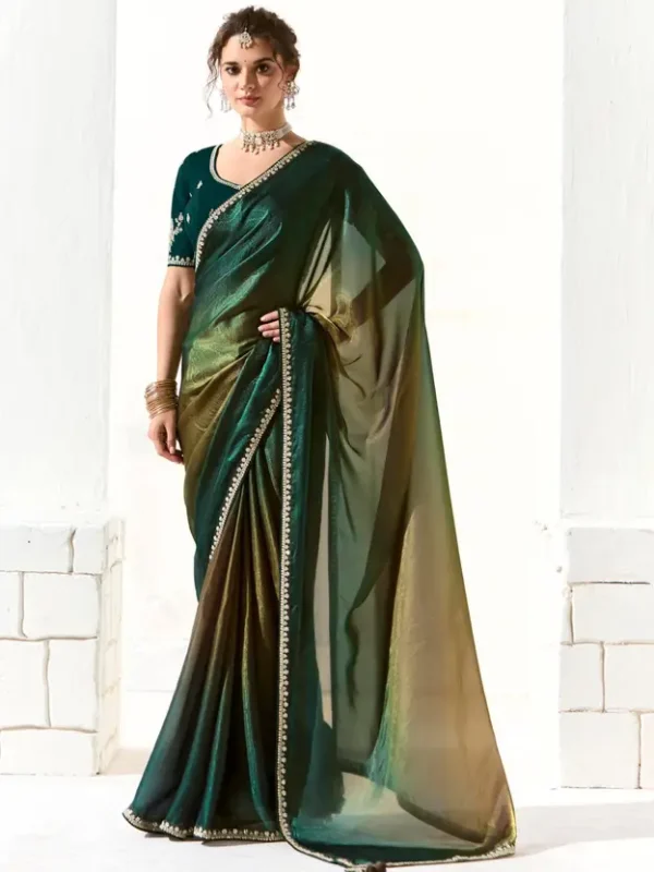 Embroidered Bollywood Organza Saree  (Dark Green)