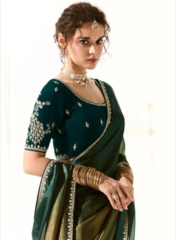 Embroidered Bollywood Organza Saree  (Dark Green) - Image 2